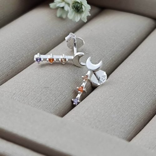 Brinco Prata 925 Brinco Lua com Haste com pedras coloridas – Estoque Limitado – Sob Consulta
