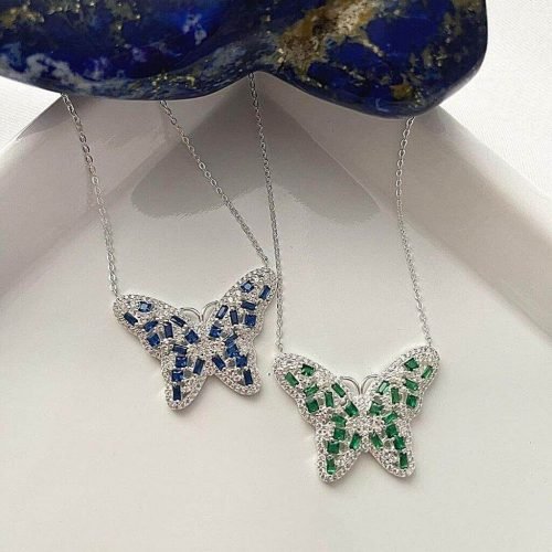Colar Prata 925 Importada Borboleta G Com Zircônia (Azul e Verde) – Sob Consulta
