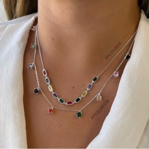 Colar Prata 925 Importado Pedras Color Redondo –