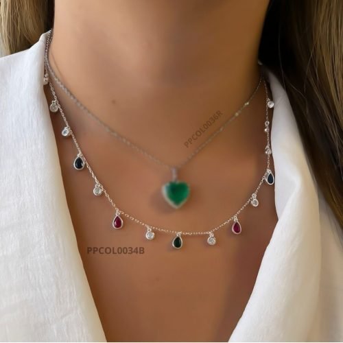 Colar Prata 925 Importado Pedras Color Retângulo –