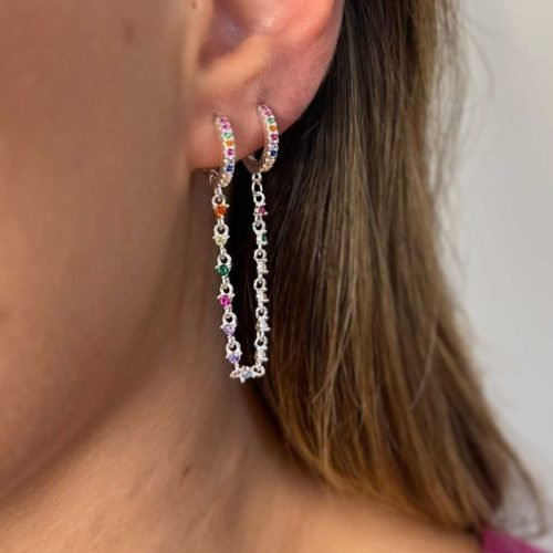 Brinco Prata 925 Com Corrente  Color 2 Furos – Estoque Limitado – Sob Consulta