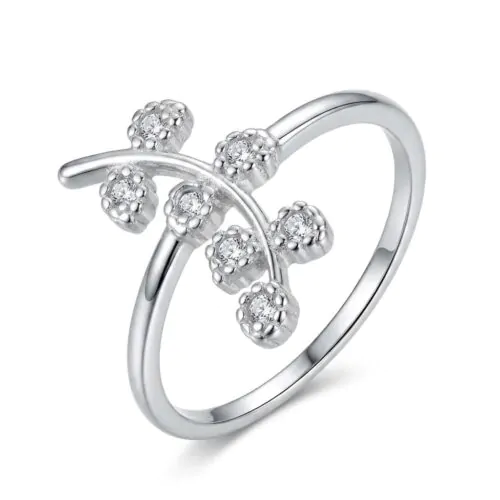 Anel de Prata 925 Slim Zircônia Cravejado Symbol Folhas. Estoque Limitado - Sob Consulta -
