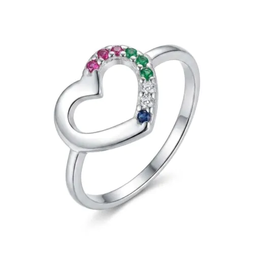 Anel de Prata 925 Slim Zircônia Color Symbol Coração Vazado. Estoque Limitado - Sob Consulta -