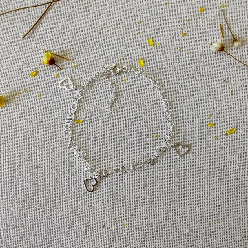 Pulseira Prata 925 Corações Com Pingentes Corações Vazados – Estoque Limitado – Sob Consulta