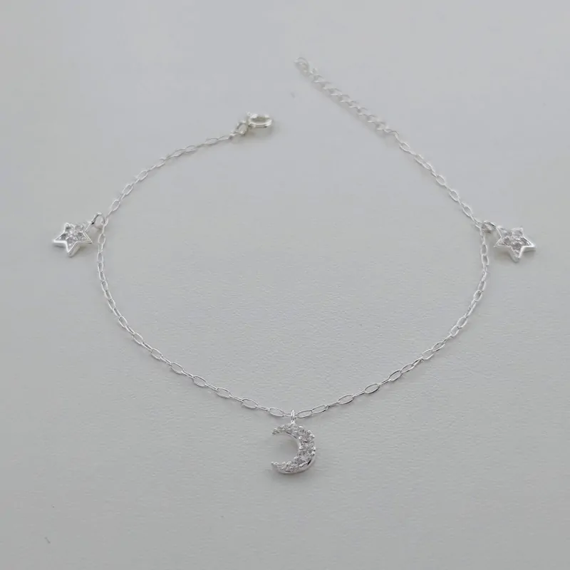 Pulseira Prata 925 Pingente Lua e Estrela Zircônia Cravejado – Estoque Limitado – Sob Consulta