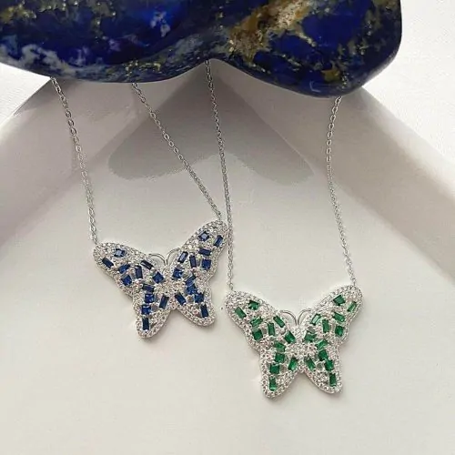 Colar Prata 925 Importada Borboleta G Com Zircônia (Azul e Verde) – Sob Consulta