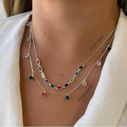 Colar Prata 925 Importado Pedras Color Redondo –